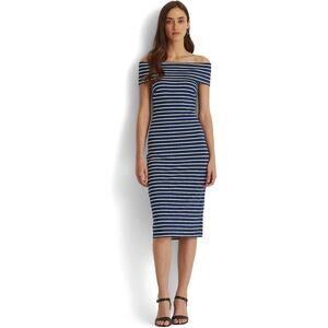 Lauren Ralph Lauren Women Navy Stripe Knit Jersey Off-The-Shoulder Dress Size 14